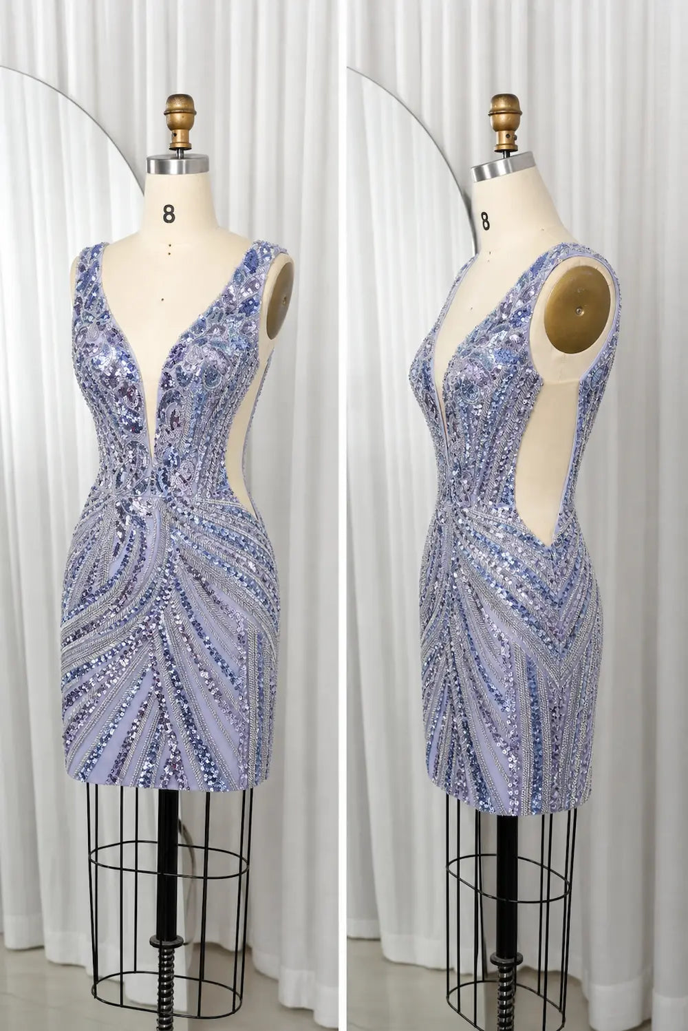 ZOE dusty blue sequin mini dress, deep V back and fitted silhouette