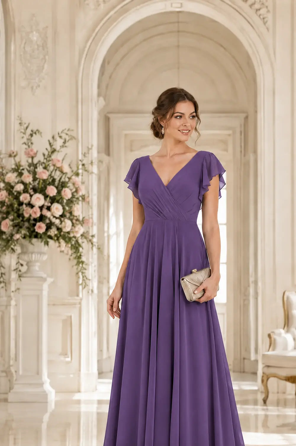 Purple chiffon V-neck A-line modest prom dress with ruched waist and flutter sleeves