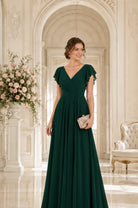 Dark green chiffon V-neck A-line modest prom dress with ruched waist and cap sleeves