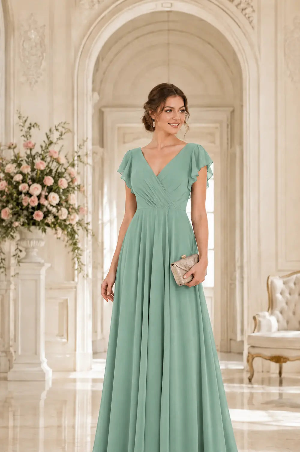 Emerald green chiffon V-neck A-line modest prom dress with ruched waist