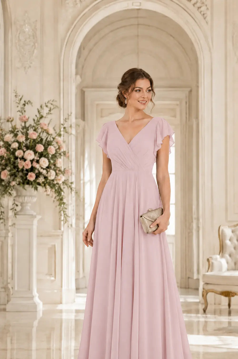 V-neck A-line prom dress in pale pink with ruched bodice and short flutter sleeves