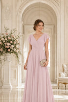 V-neck A-line prom dress in pale pink with ruched bodice and short flutter sleeves