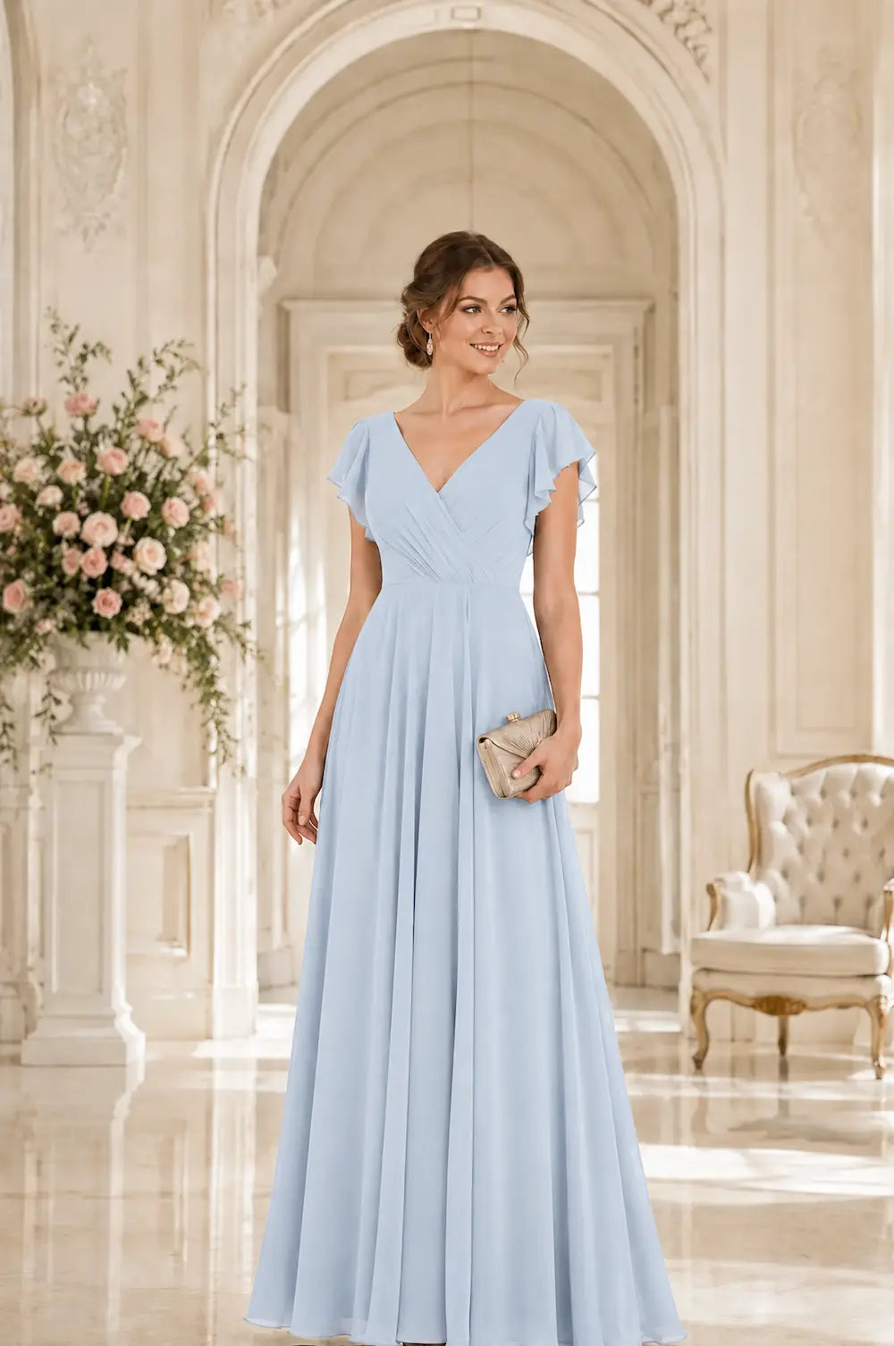 V-neck A-line prom dress in light blue with ruched bodice and short flutter sleeves