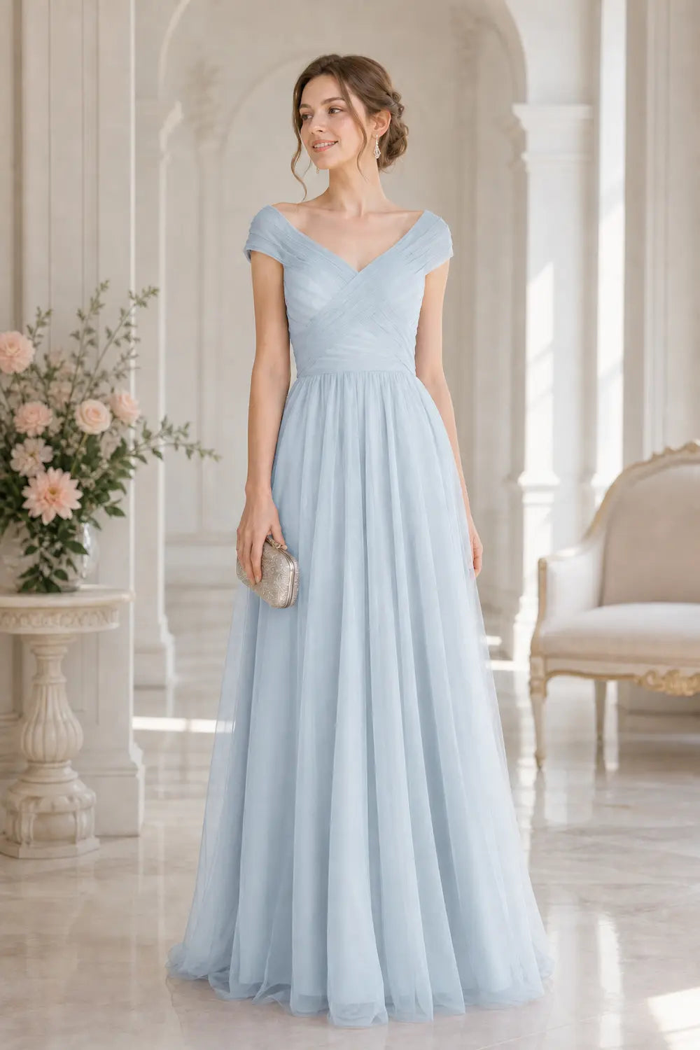 Light blue ruched tulle V-neck A-line prom dress with off-shoulder cap sleeves