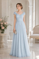 Light blue ruched tulle V-neck A-line prom dress with off-shoulder cap sleeves