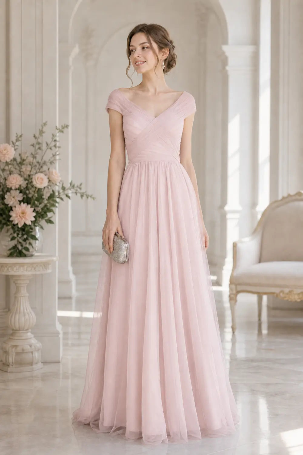 Blush pink ruched tulle V-neck A-line prom dress with off-shoulder cap sleeves