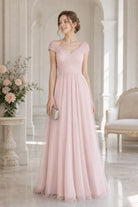 Blush pink ruched tulle V-neck A-line prom dress with off-shoulder cap sleeves