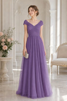 Purple ruched tulle V-neck A-line prom dress with cap sleeves