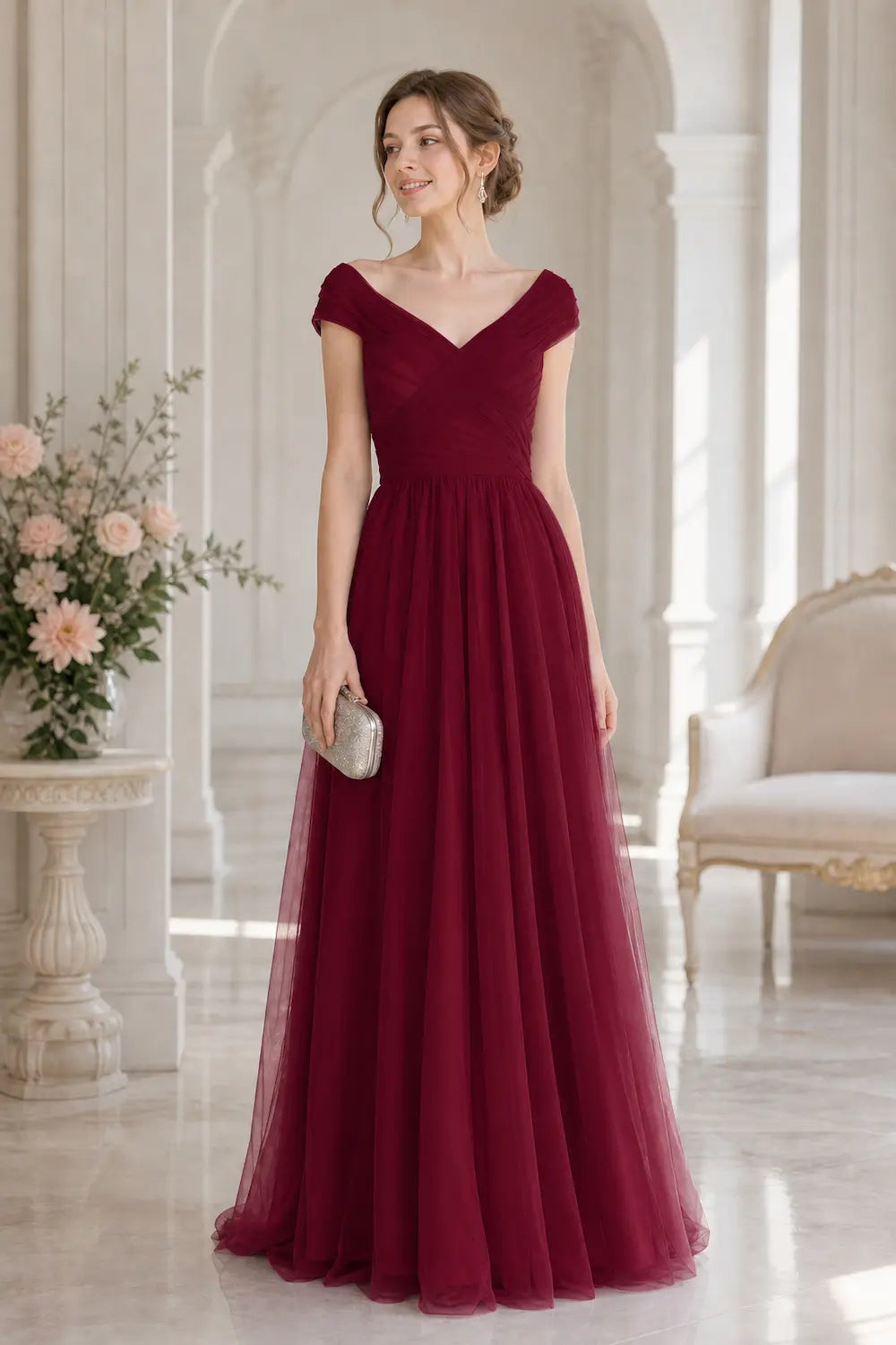 Burgundy ruched tulle V-neck A-line prom dress with cap sleeves