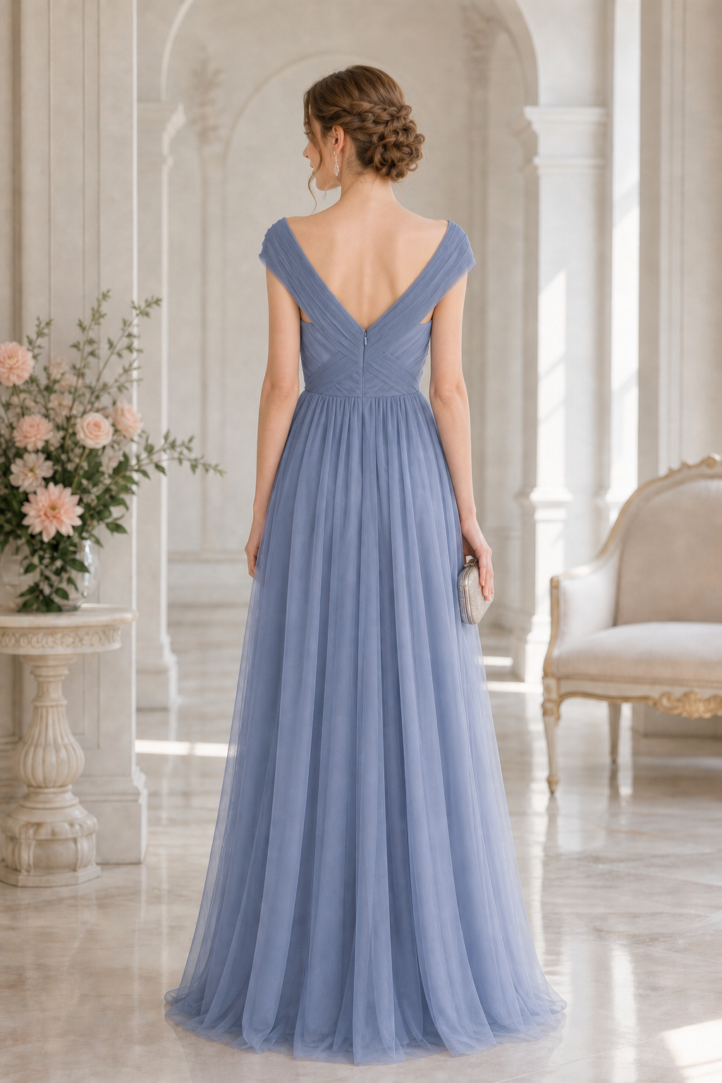 Dusty blue ruched tulle V-neck A-line prom dress, low back, cap sleeves