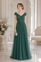 Green ruched tulle V-neck A-line prom dress with off-shoulder cap sleeves and skirt