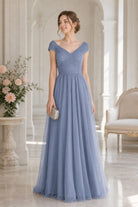 Dusty blue ruched tulle V-neck A-line prom dress with off-shoulder cap sleeves