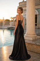 FLORIA black evening gown with open back and spaghetti straps