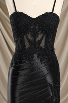 FLORIA black corset-style dress with lace floral details and sheer panels
