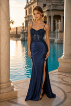 Navy fitted evening dress with spaghetti straps and lace bodice