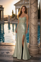 FLORIA sage green embellished prom dress with spaghetti straps, corset bodice, slit