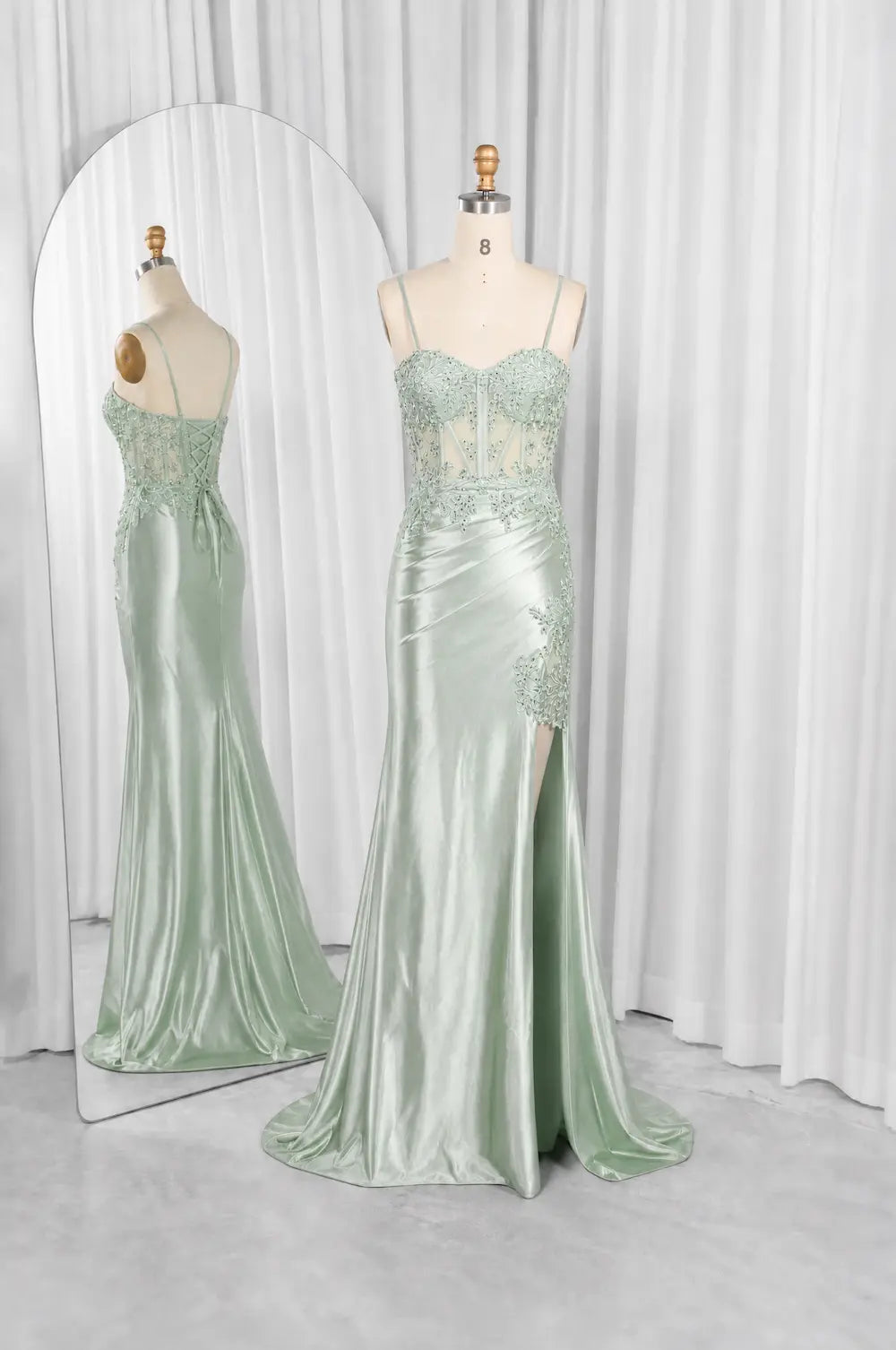 FLORIA sage green corset prom dress on mannequin, spaghetti straps, full-length skirt