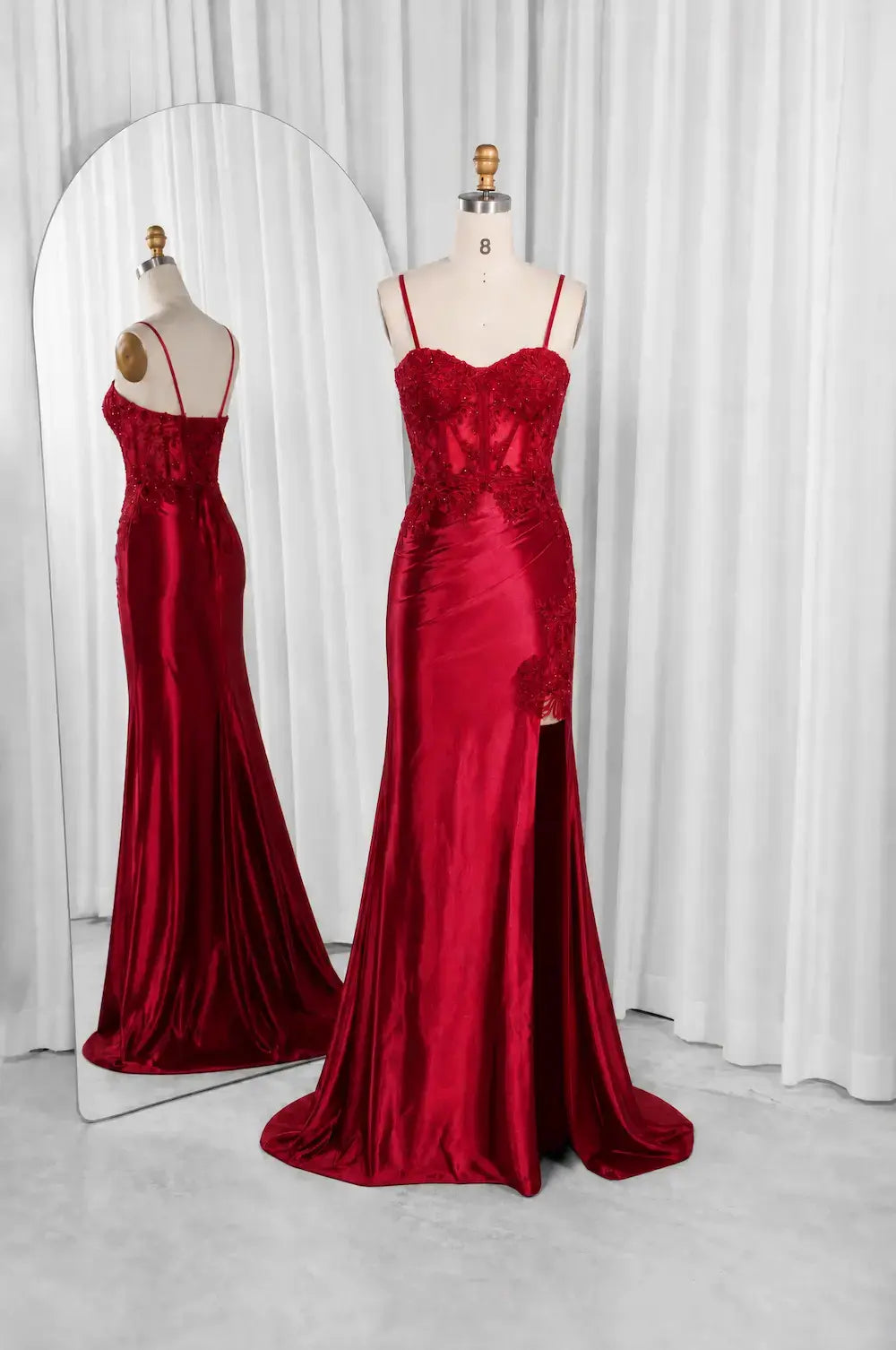 Wine red mermaid satin dress with lace corset bodice and thin spaghetti straps