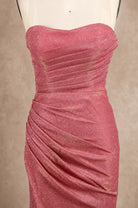 Pink glitter mermaid prom dress bodice close-up, strapless sweetheart, ruched drape
