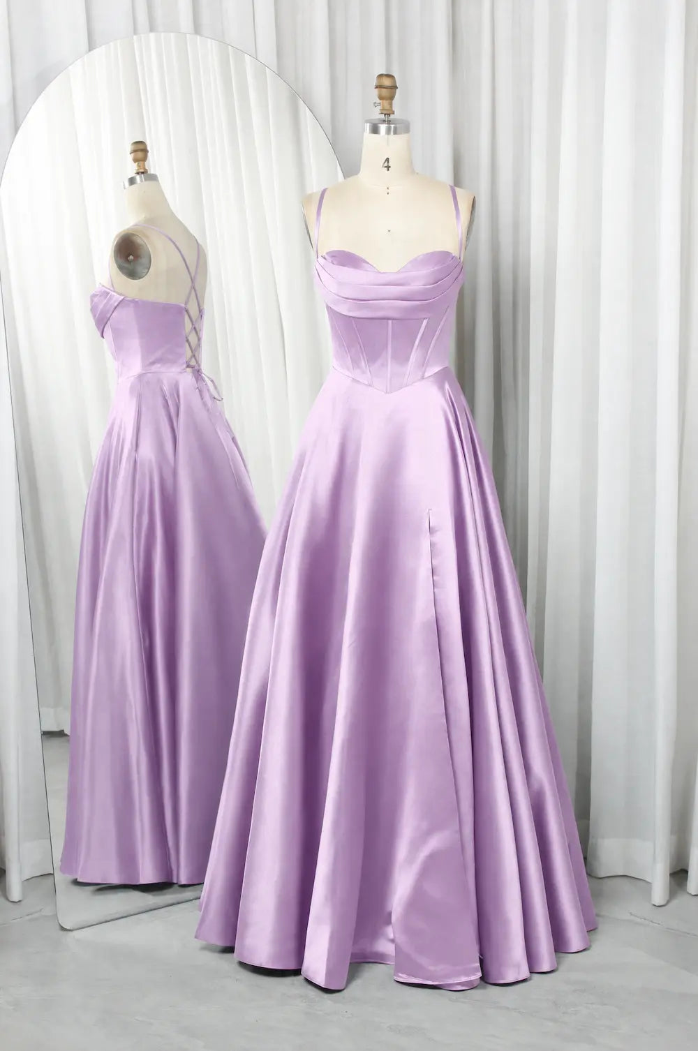 Lilac A-line prom dress with strapless neckline and pleated full skirt