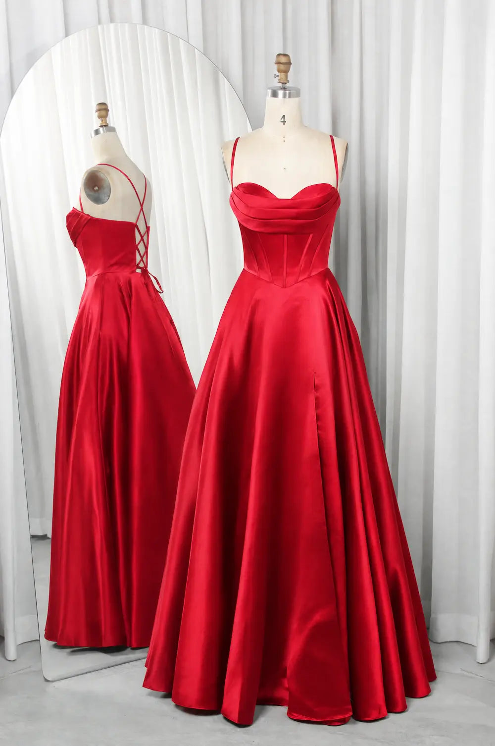 Red A-line prom dress with strapless sweetheart neckline and pleated full skirt