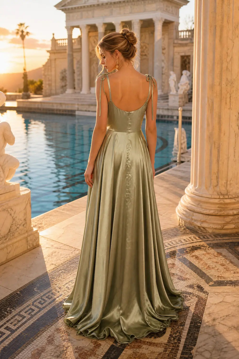 Satin A-line prom dress with side slit, spaghetti straps, olive green satin skirt