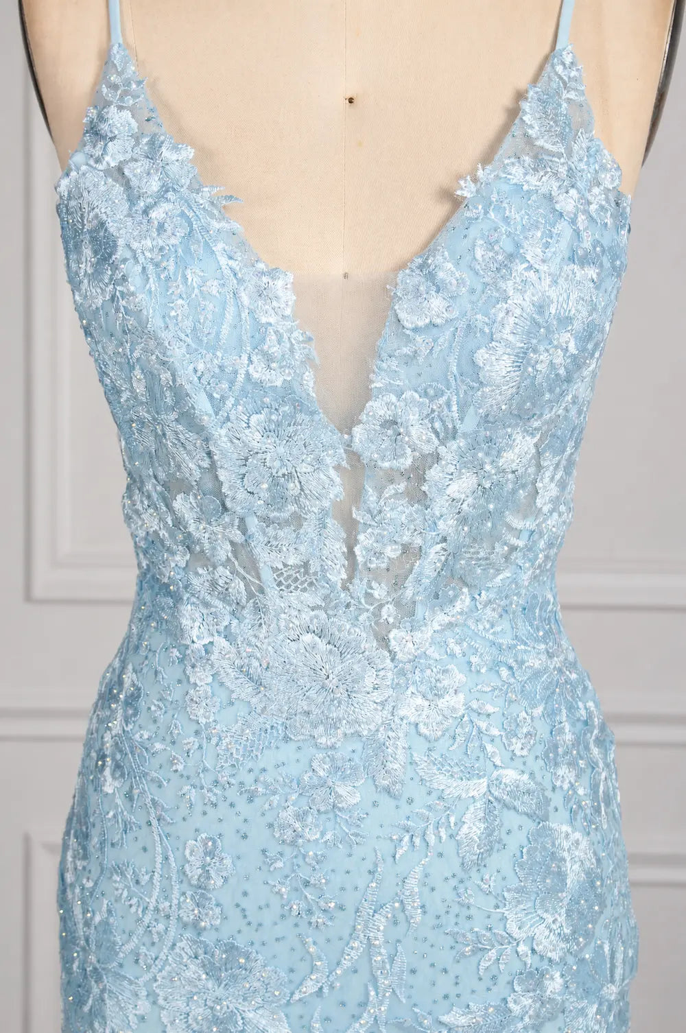 Light blue rhinestone lace mermaid prom dress bodice with V-neck detail