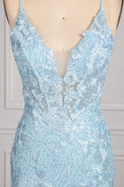 Light blue rhinestone lace mermaid prom dress bodice with V-neck detail