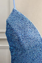 Blue rhinestone V-neck mermaid prom dress bodice with dense sparkling detail