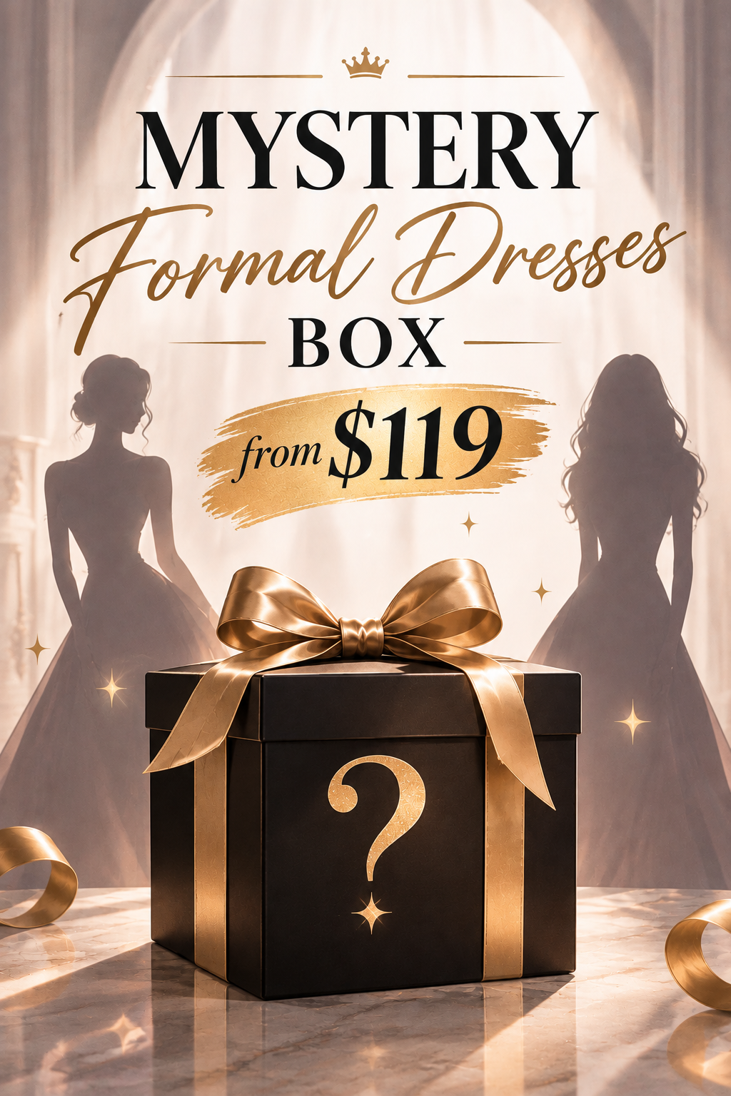 Mystery formal dress box gift with gold ribbon bow and question mark