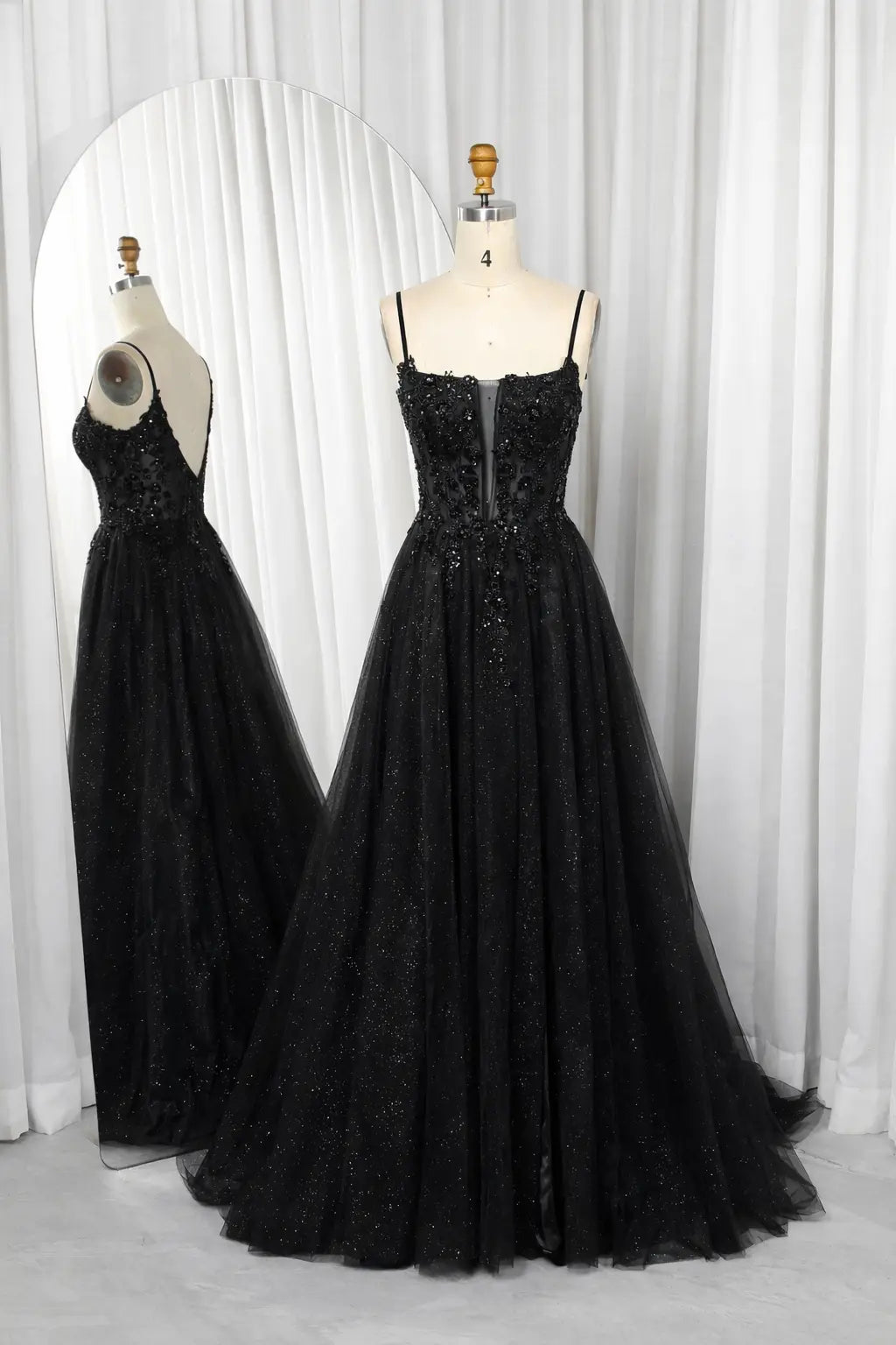 Spaghetti Strap Plunging Corset & Glitter Tulle Prom Dress with High Slit TFB 5030 | blissfulprom