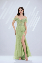 Sage green sequin prom dress with feather off-shoulder straps and front slit