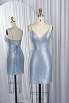 Light blue sequin mini dress on mannequins, V-neck front and open back lace-up straps