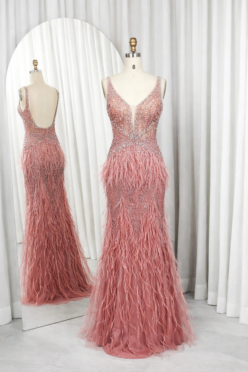 Heavily Beaded & Feather Trim V-Neck Column Pageant Prom Dress TFB 8052 | blissfulprom