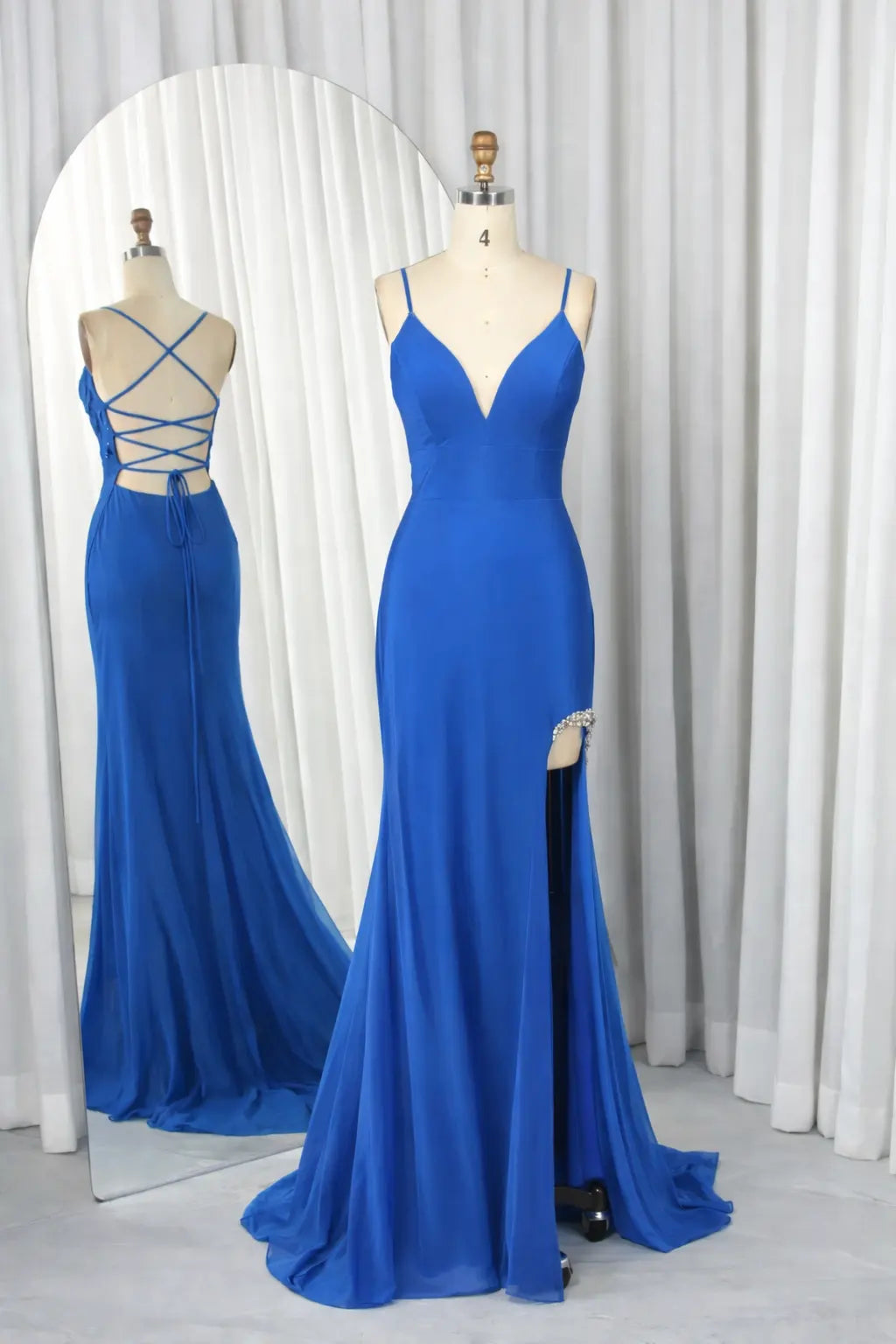 Lustrous Satin V-Neck Mermaid Prom Dress with Crystal Slit Detail - TFB 8053 | blissfulprom