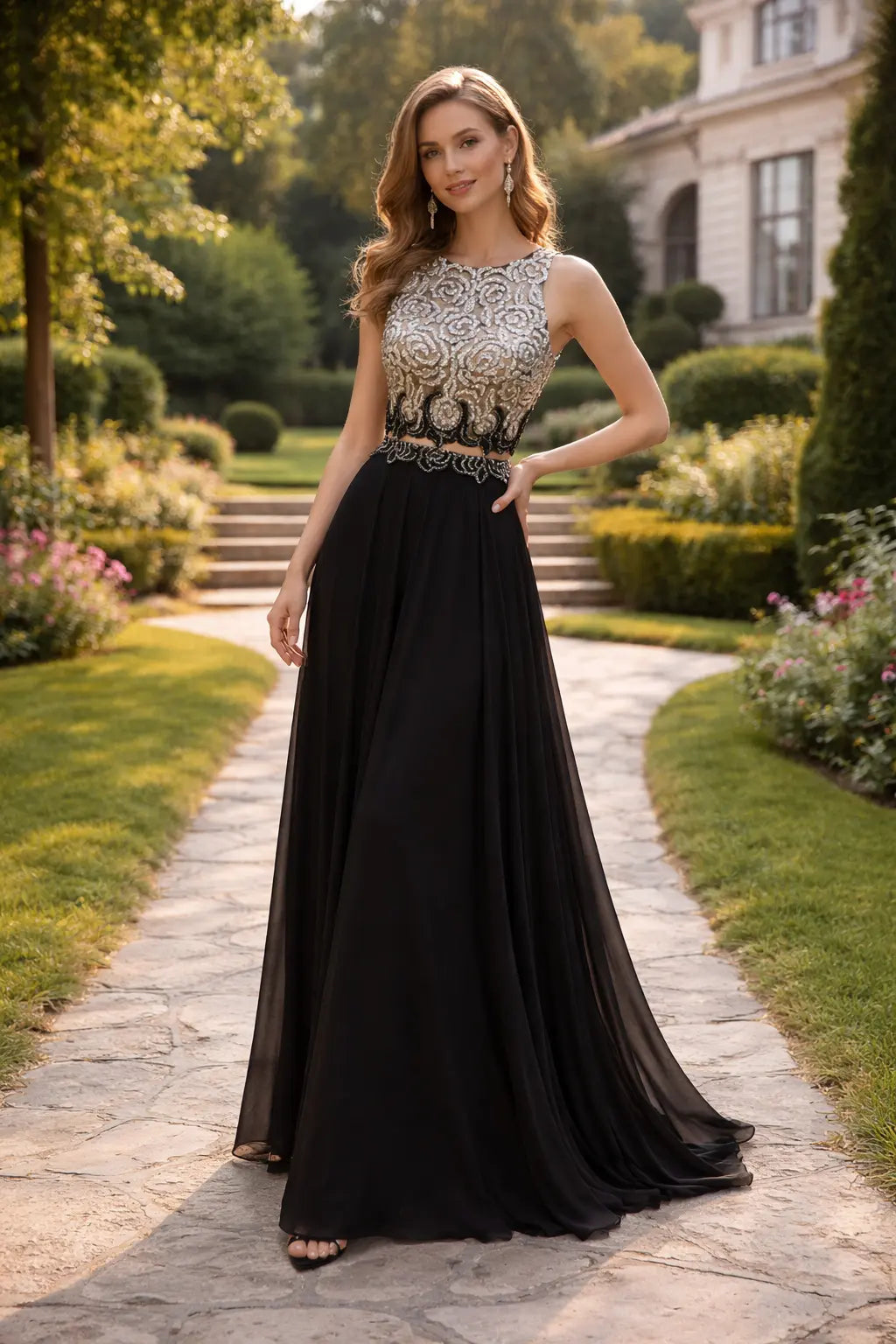 Black chiffon mother-of-the-bride dress with embroidered high neckline bodice and skirt