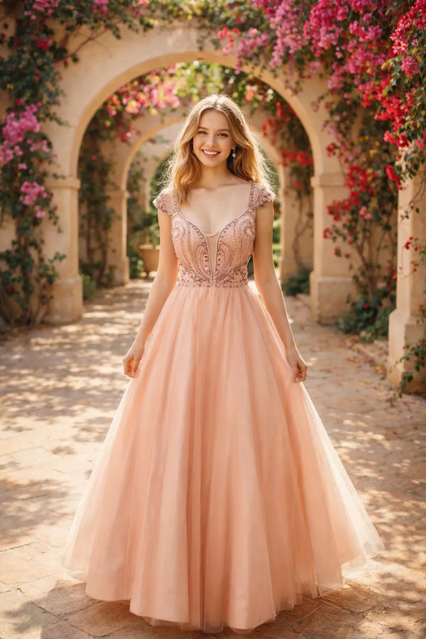 A-Linien-Ballkleid mit Perlenoberteil und Tüllrock TFB 8085 | blissfulprom
