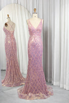 Iridescent pink sequin mermaid prom dress on mannequin with V-neck and spaghetti straps