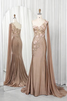 Champagne one-shoulder satin gown with 3D floral appliqués and draped sleeve