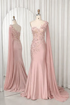 Blush pink one-shoulder satin gown with 3D floral appliqués and draped sleeves