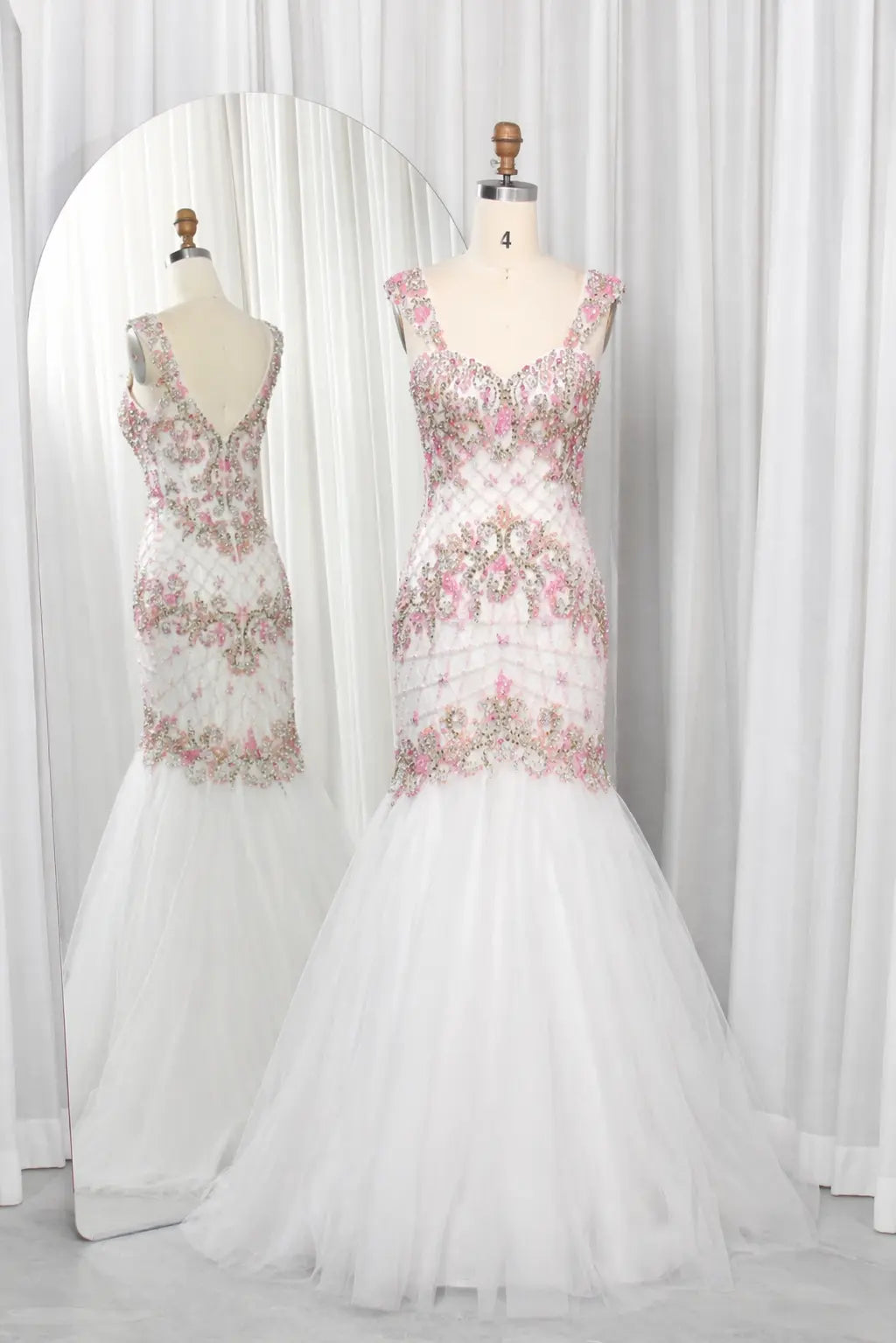 Beaded mermaid mother-of-the-bride dress with sweetheart neckline, pink bead embroidery