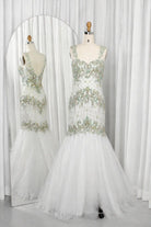 Beaded mermaid mother-of-the-bride dress with sweetheart neckline, sage beaded embroidery
