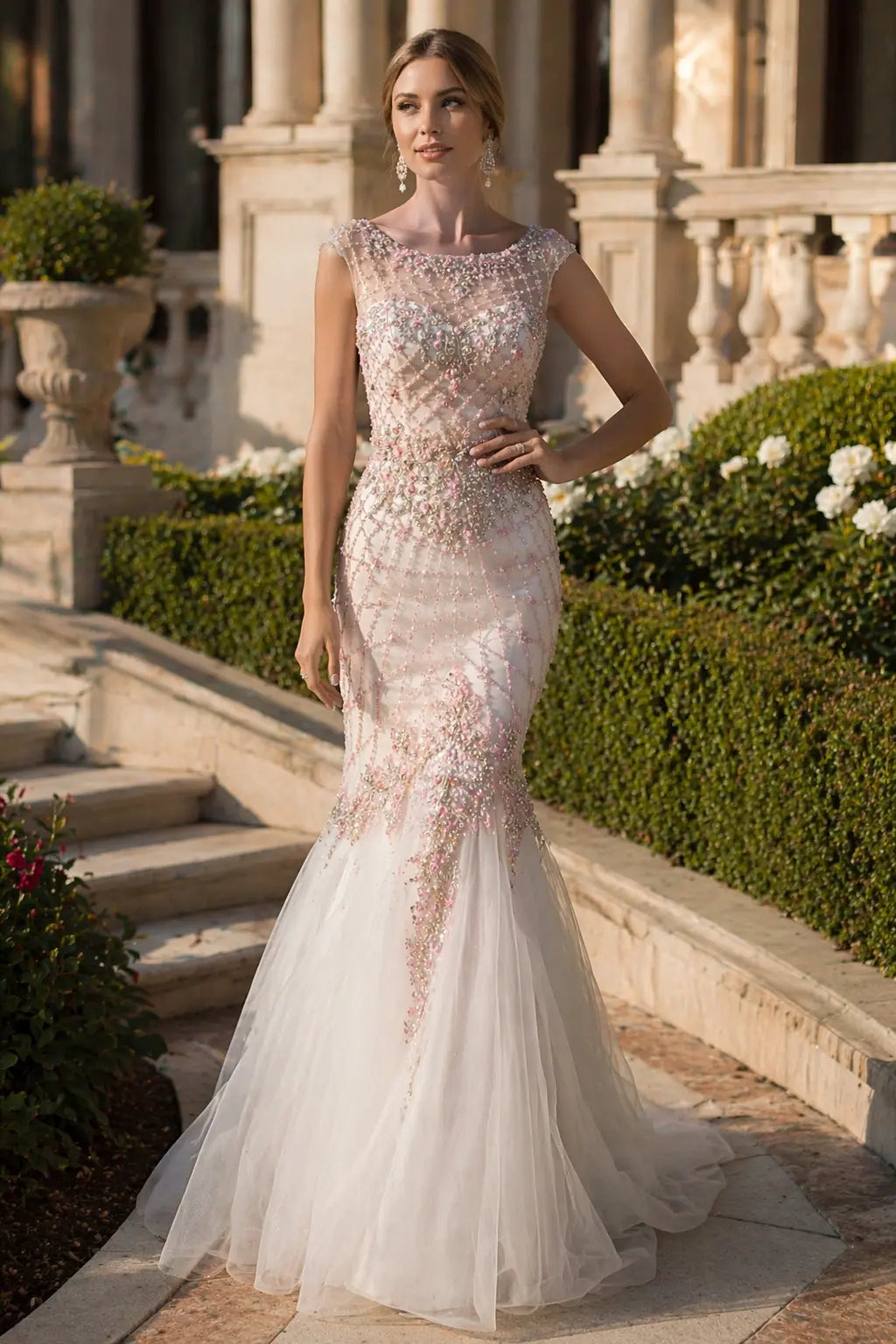 Pink mermaid mother-of-the-bride dress with illusion neckline and beaded embroidery