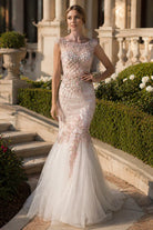 Pink mermaid mother-of-the-bride dress with illusion neckline and beaded embroidery