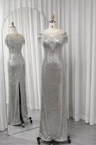 Silver sequin gown with off-shoulder neckline, fringe sleeves, and side slit