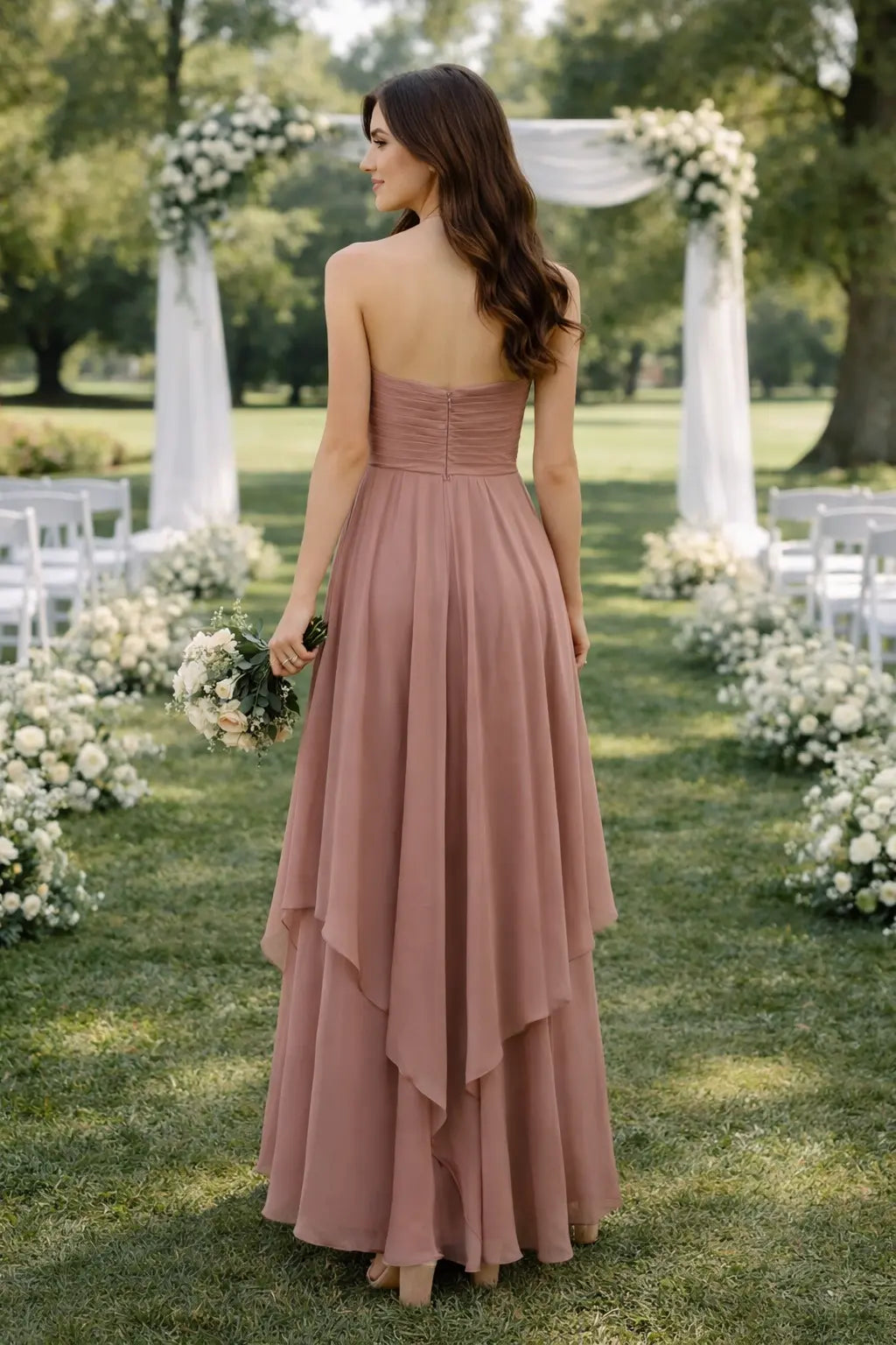 Strapless Chiffon High-Low Bridesmaid Dress with Gathered Bodice TFB 8037 | blissfulprom