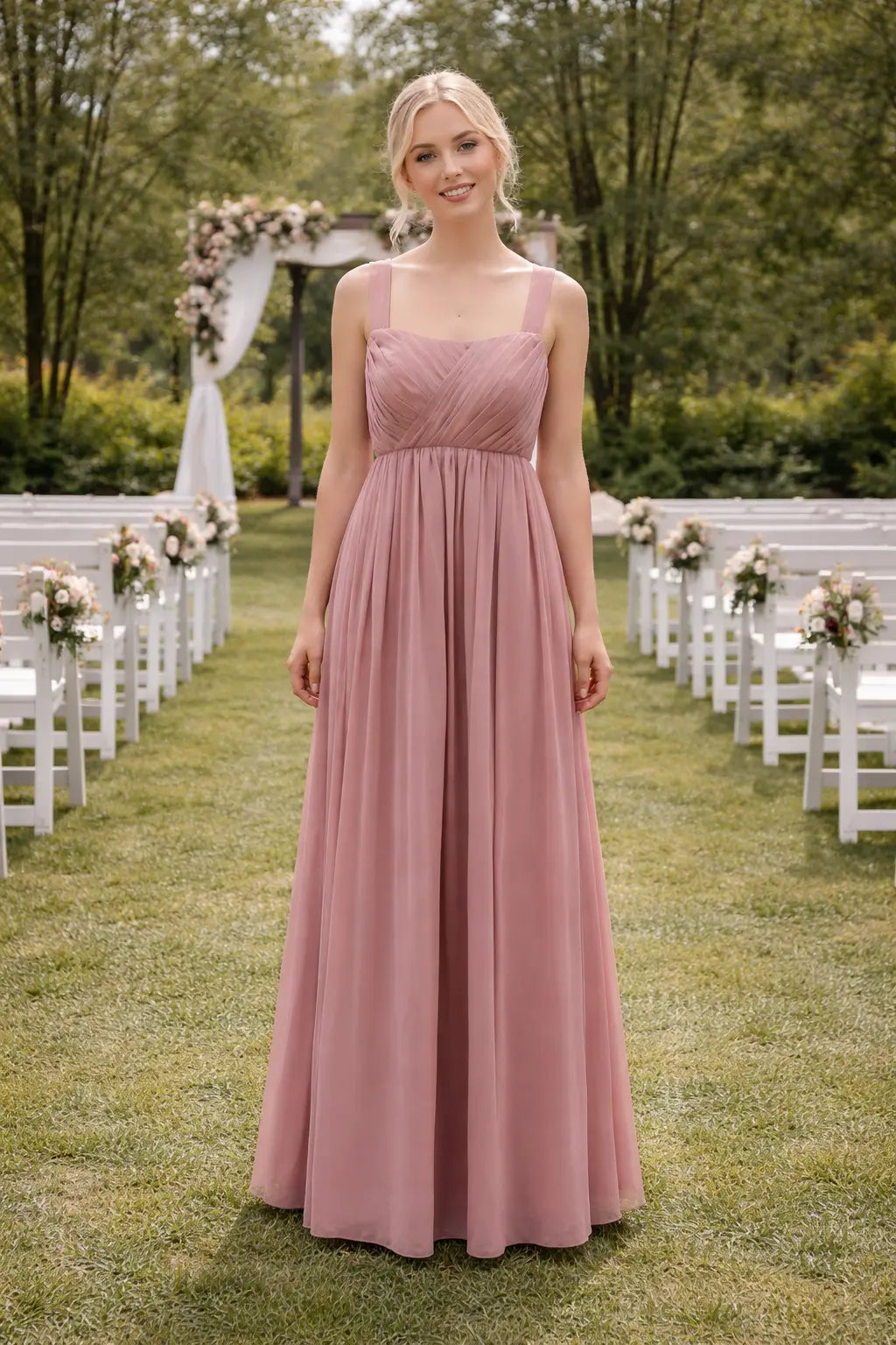 Square Neck Chiffon Bridesmaid Dress with Ruched Bodice & Tie Back TFB 8039 | blissfulprom