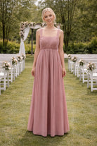 Square Neck Chiffon Bridesmaid Dress with Ruched Bodice & Tie Back TFB 8039 | blissfulprom