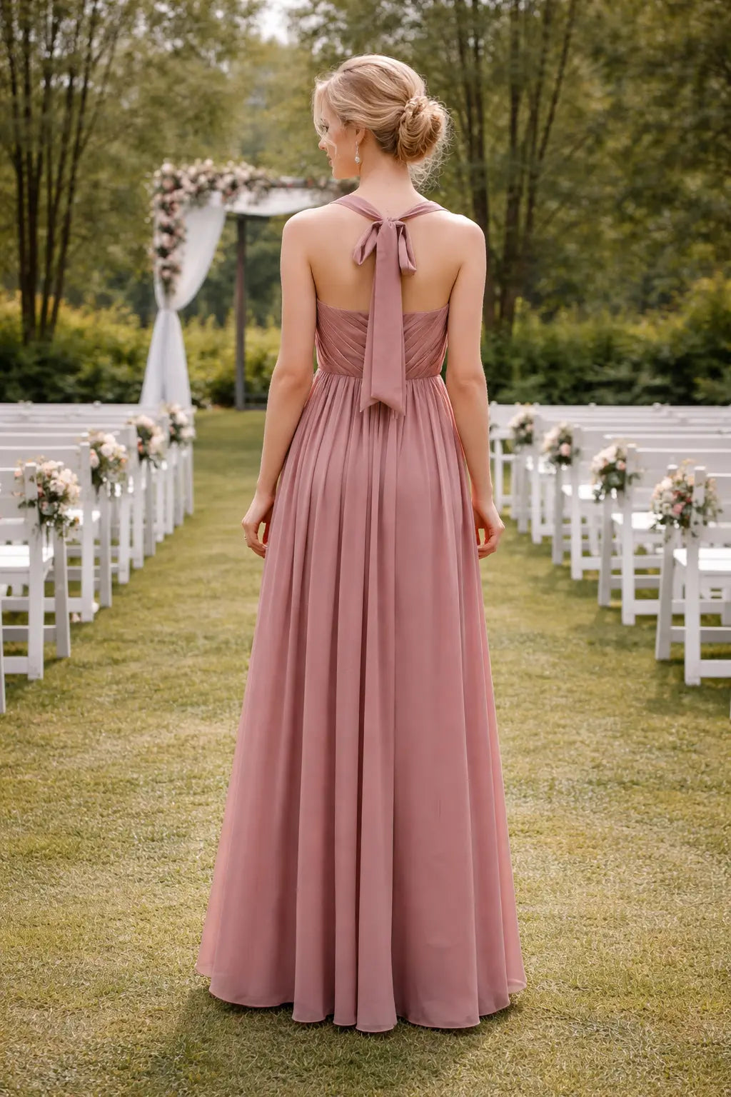 Square Neck Chiffon Bridesmaid Dress with Ruched Bodice & Tie Back TFB 8039 | blissfulprom