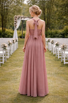 Square Neck Chiffon Bridesmaid Dress with Ruched Bodice & Tie Back TFB 8039 | blissfulprom